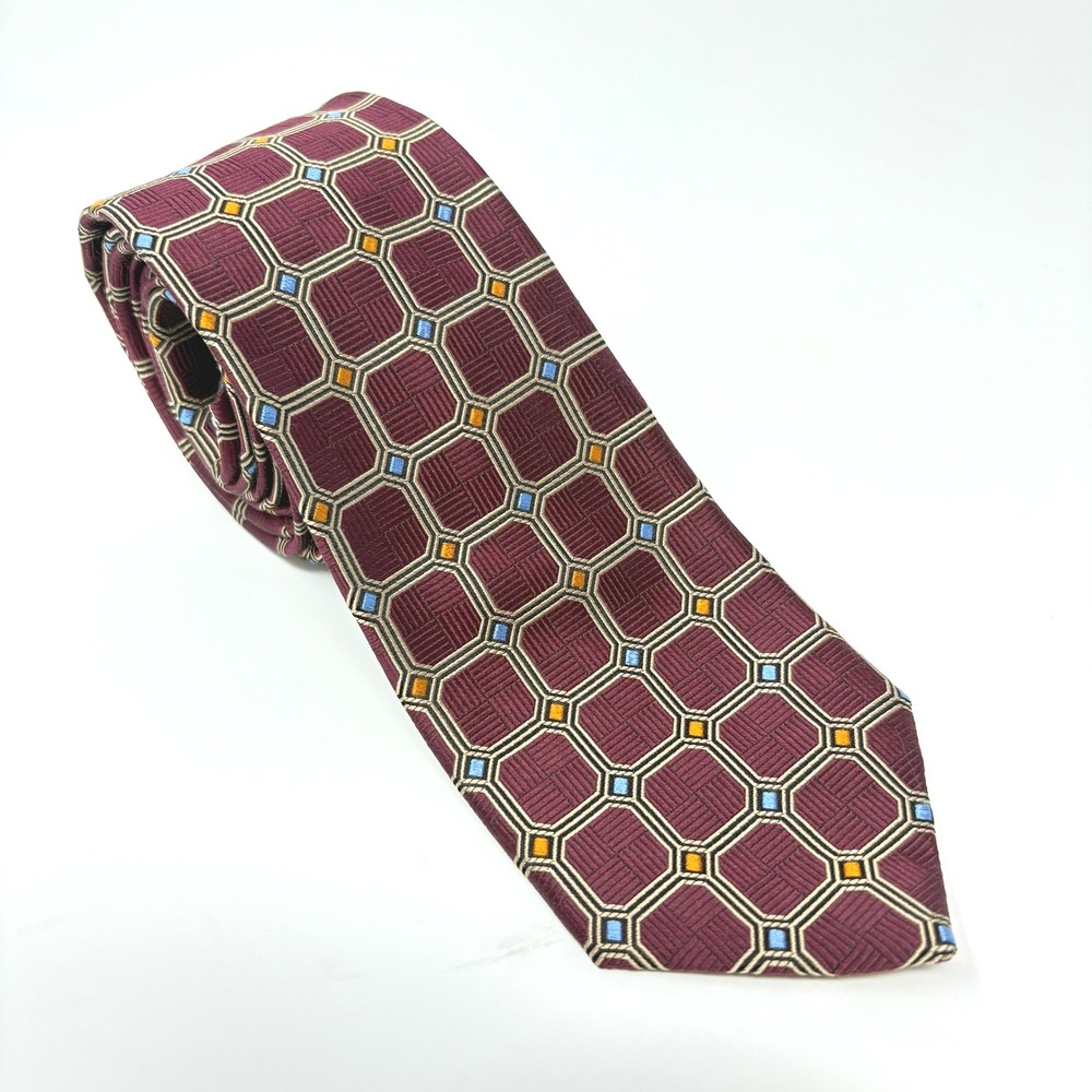 JOS A BANK Heritage Collection Burgundy Silk Geometric Handmade Necktie